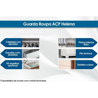 Guarda Roupa 2 Portas de Correr e 2 Gavetas c/ Espelho Helena Flex Nature/Nature ou Off White - ACP