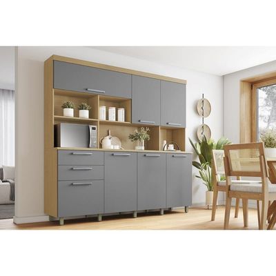 Cozinha Compacta Nobreza c/ 7 Portas e 2 Gavetas 210cm Carvalho/Titânio - Nesher