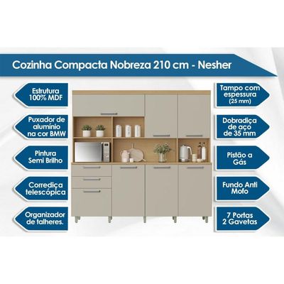 Cozinha Compacta Nobreza c/ 7 Portas e 2 Gavetas 210cm Carvalho/Titânio - Nesher