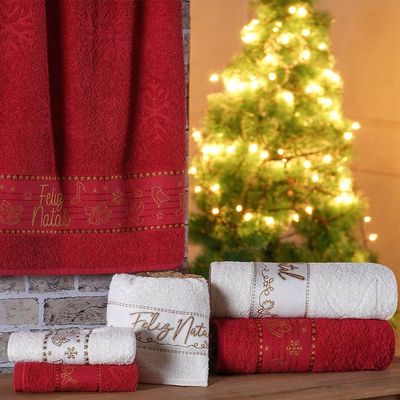 Kit 6 Toalha De Rosto Feliz Natal Bordada Jacquard 45x68cm Vermelho