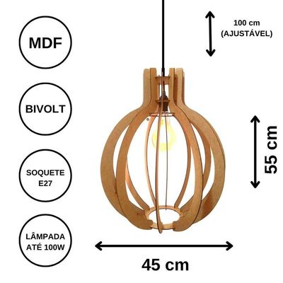 Luminária Teto Tipo Pendente Jupiter Mdf - Completa Cor: Preta