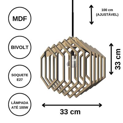 Luminária Teto Tipo Pendente Hexagonal Mdf - Completa Cor: Preta
