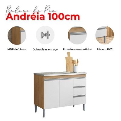 Balcão De Pia Ambiente Andréia 100 Cm Amêndoa Branco - Ajl