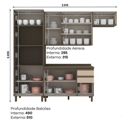Cozinha Modulada Connect 4 Peças Com Torre Quente 2 Fornos Duna/cristal - Móveis Henn Duna/cristal