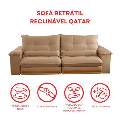 Sofá 3 Lugares Retrátil e Reclinável Qatar Linho Bege 240 cm