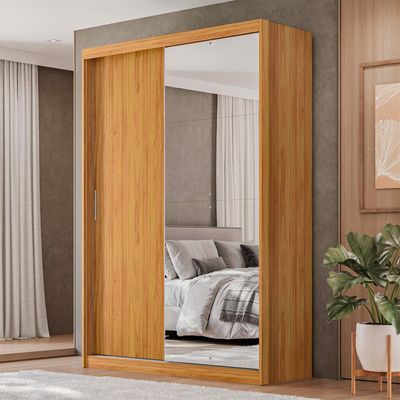 Guarda-Roupa Solteiro com Espelho Riva Flex 2 Portas 4 Gavetas Cinamomo e Off White