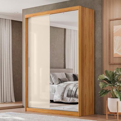Guarda-Roupa Solteiro com Espelho Riva Flex 2 Portas 4 Gavetas Cinamomo e Off White