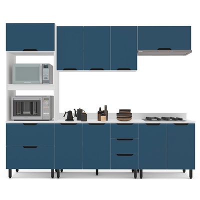 Cozinha Completa com Tampo Meena 10 Portas 4 Gavetas Azul e Branca