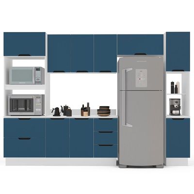 Cozinha Completa com Tampo, Paneleiro e Rodapé Meena 10 Portas 4 Gavetas Azul e Branca