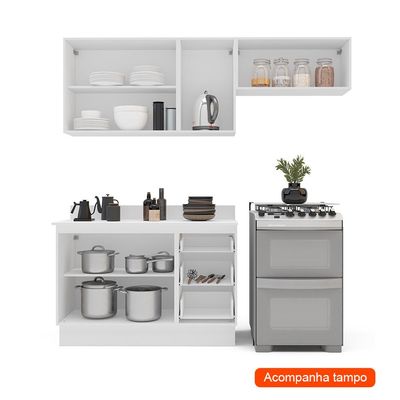 Cozinha Completa com Tampo e Rodapé Amara 6 Portas 3 Gavetas Creme e Branca