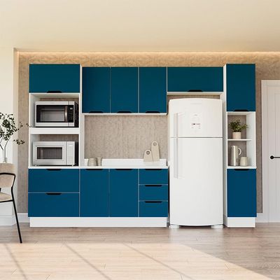 Cozinha Completa com Tampo, Paneleiro e Rodapé Meena 10 Portas 4 Gavetas Azul e Branca