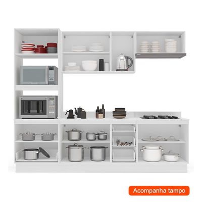 Cozinha Completa com Tampo e Rodapé Meena 10 Portas 4 Gavetas Branca