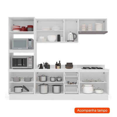Cozinha Completa com Tampo e Rodapé Meena 10 Portas 4 Gavetas Creme e Branca