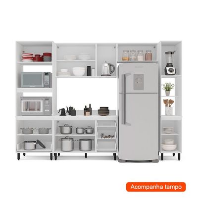 Cozinha Completa com Tampo e Paneleiro Meena 10 Portas 4 Gavetas Creme e Branca