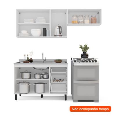 Cozinha Compacta sem Tampo Meena 6 Portas 3 Gavetas Creme e Branca