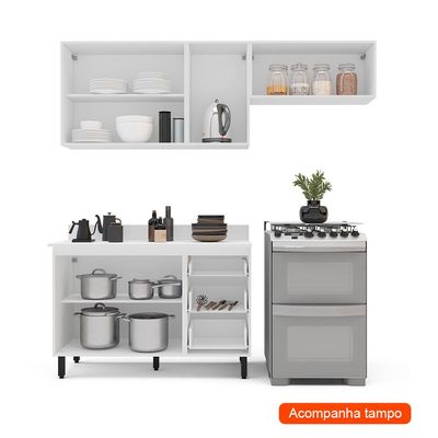 Cozinha Completa com Tampo Amara 6 Portas 3 Gavetas Creme e Branca