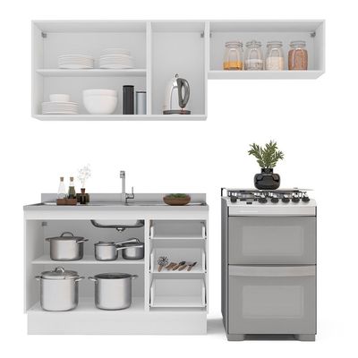 Cozinha Compacta sem Tampo com Rodapé Meena 6 Portas 3 Gavetas Creme e Branca