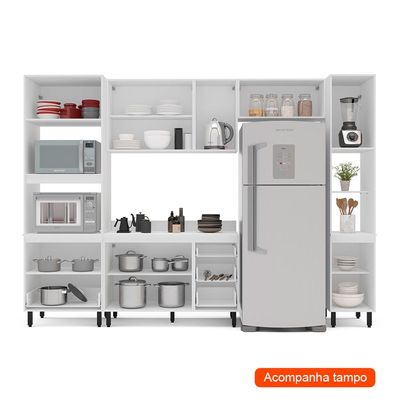 Cozinha Completa com Tampo e Paneleiro Meena 10 Portas 4 Gavetas Azul e Branca