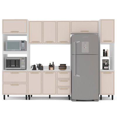 Cozinha Completa com Tampo e Paneleiro Amara 10 Portas 4 Gavetas Creme e Branca