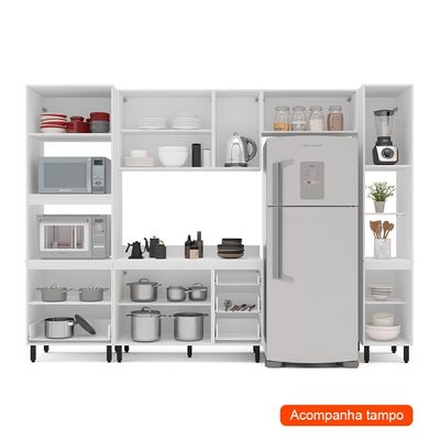 Cozinha Completa com Tampo e Paneleiro Amara 10 Portas 4 Gavetas Creme e Branca