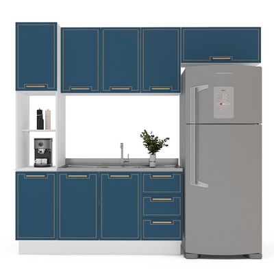 Cozinha Compacta Sem Tampo com Rodapé Amara 8 Portas 3 Gavetas Azul e Branca