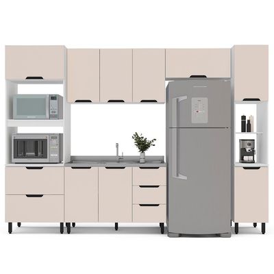 Cozinha Compacta Sem Tampo com Paneleiro Meena 10 Portas 4 Gavetas Creme e Branca