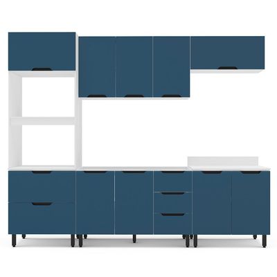 Cozinha Compacta Sem Tampo Meena 10 Portas 4 Gavetas Azul e Branca