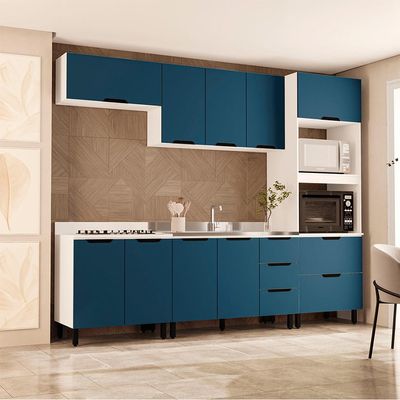 Cozinha Compacta Sem Tampo Meena 10 Portas 4 Gavetas Azul e Branca