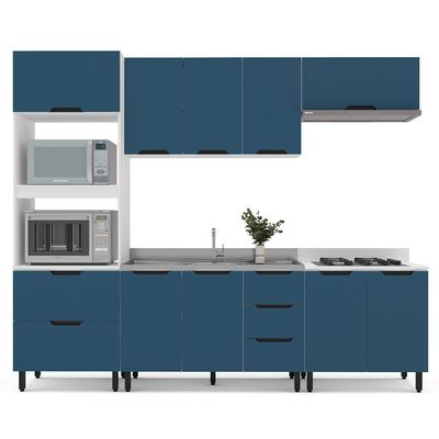 Cozinha Compacta Sem Tampo Meena 10 Portas 4 Gavetas Azul e Branca