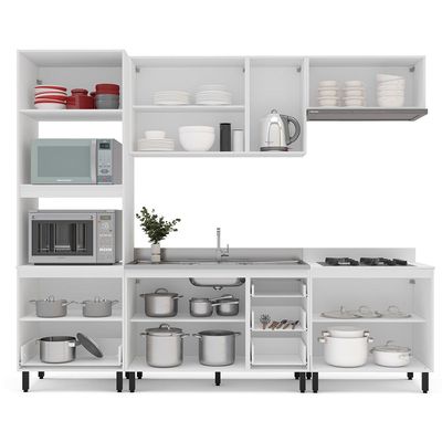 Cozinha Compacta Sem Tampo Meena 10 Portas 4 Gavetas Creme e Branca