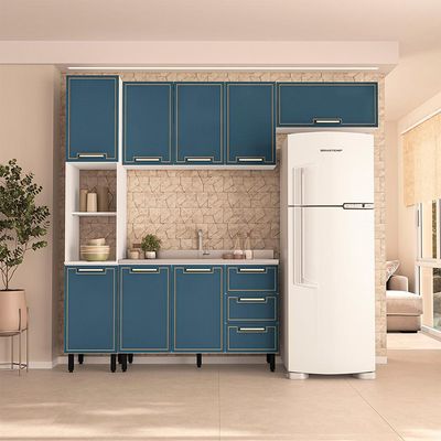 Cozinha Compacta Sem Tampo Amara 8 Portas 3 Gavetas Azul e Branca