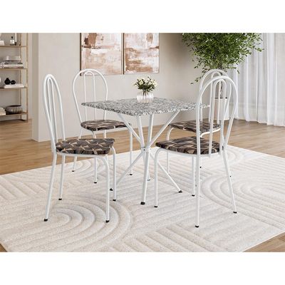 Conjunto de Mesa Quadrada com Tampo Granito e 4 Cadeiras Léia Revestimento Sintético Branco e Palha