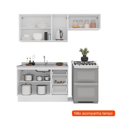Cozinha Compacta Sem Tampo com Rodapé Amara 6 Portas 3 Gavetas Creme e Branca