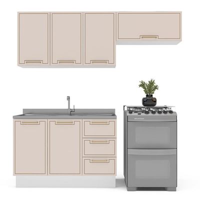 Cozinha Compacta Sem Tampo com Rodapé Amara 6 Portas 3 Gavetas Creme e Branca