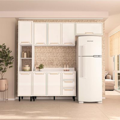 Cozinha Completa com Tampo Amara 8 Portas 3 Gavetas Branca
