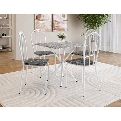 Conjunto de Mesa Quadrada com Tampo Granito e 4 Cadeiras Léia Revestimento Sintético Branco e Silver