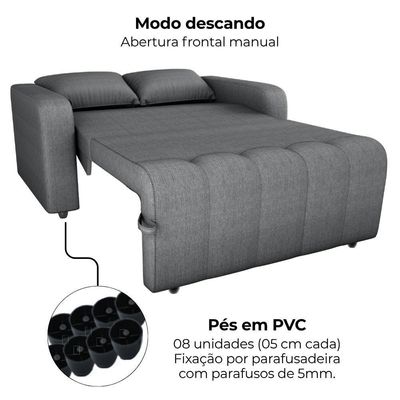 Sofa Cama 2 Lugares 138 Cm Amora Linho Vancouver Cinza Milani Store Cinza