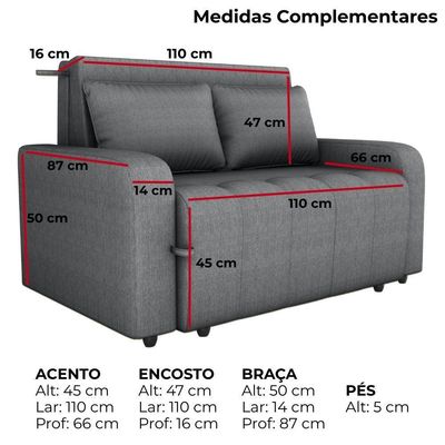Sofa Cama 2 Lugares 138 Cm Amora Linho Vancouver Cinza Milani Store Cinza