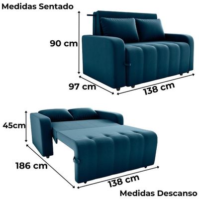 Sofa Cama 2 Lugares 138 Cm Amora Veludo Maserati Milani Store Azul