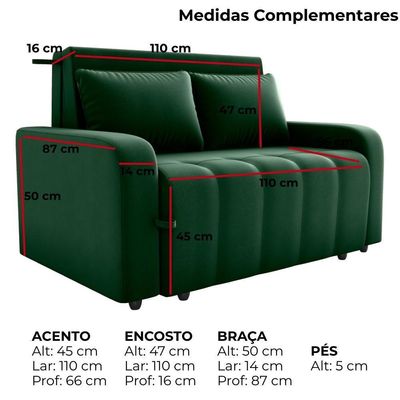Sofa Cama 2 Lugares 138 Cm Amora Veludo Maserati Milani Store Verde