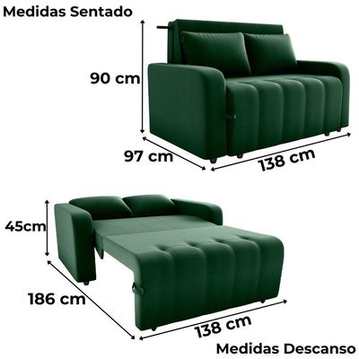 Sofa Cama 2 Lugares 138 Cm Amora Veludo Maserati Milani Store Verde