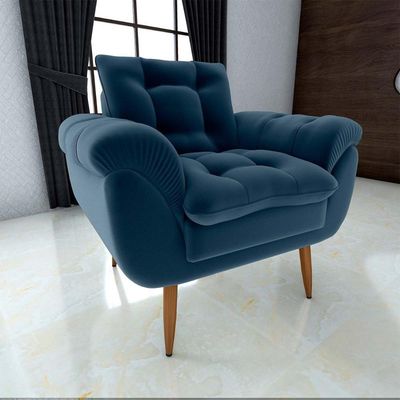 Poltrona Decorativa Confortável Pés Em Madeira Maciça Xangai Matrix Veludo Azul