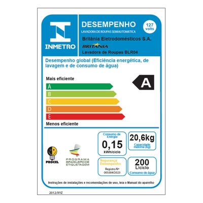 Tanquinho de Lavar Roupa 20,6KG Britânia Semiautomático BLR04 220V