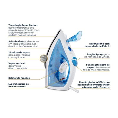Ferro de Passar a Vapor Britânia 210ml Base Antiaderente BFV07 220V