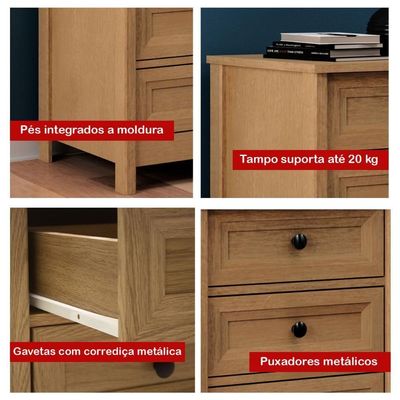 Mesa De Cabeceira Ditália 3 Gavetas DM-111 Carvalho