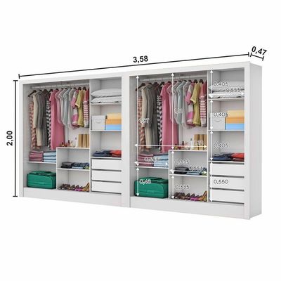 Closet Casal Duplo Dubai 6 Portas Com Espelho 6 Gavetas Branco