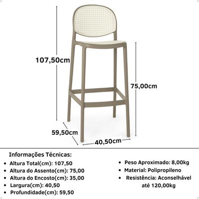 Kit 3 Banqueta Alta Com Encosto Roma Em Polipropileno Cozinha/bancada - Branco/cinza Escuro