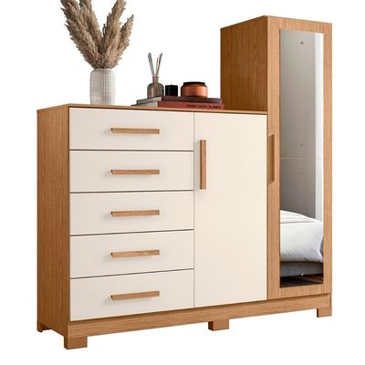 Comoda New Master Quarto Com 5 Gavetas 2 Portas E Espelho Freijo/Off White