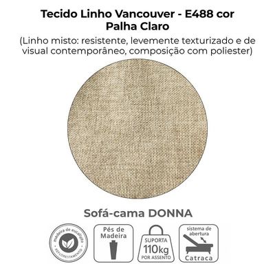 Sofa Cama 2 Lugares 206 Cm Donna Linho Vancouver E488 Palha Milani Store Palha