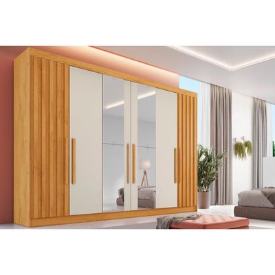 Guarda Roupa 6 Portas (2 Ripadas e 2 c/ Espelho) e 6 Gavetas Potente Peroba/Off White - Europa